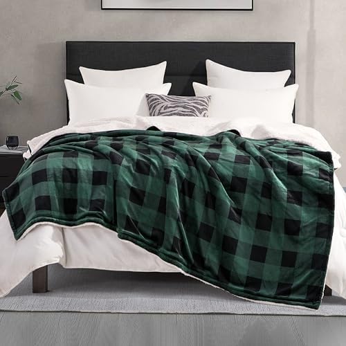 Elegant Comfort Ultra Soft Reversible Buffalo Plaid Flannel Sherpa Blanket - Cozy Silky Checkered Fleece Throw for Couch, Bed - Plush Fuzzy Warm Winter Blanket for Gift, King, Green - Image 2