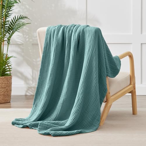 100% Cotton Muslin Blanket Twin XL 66" x 90", Breathable and Cooling Bed Blankets, Soft Boho Bedspread, Gauze Bedding for Adults All Season, Turquoise, Teal - Image 2