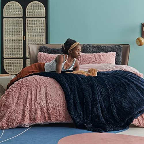Bedsure Faux Fur Fluffy Sherpa Fleece Queen Bed Blanket Navy Blue 60"x80" - Image 3