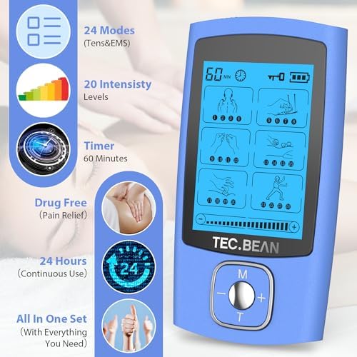 24 Modes Tens Unit Muscle Stimulator, Rechargeable Tens Machine with 8 Electrode Pads (American Gel), Electric Pulse Massager for Pain Relief Therapy(Blue) - Image 3