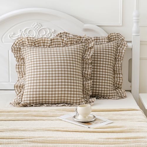 Taupe/White Plaid Euro Pillow Shams Ruffle Pillowcases, 26x26 Inches - Image 3