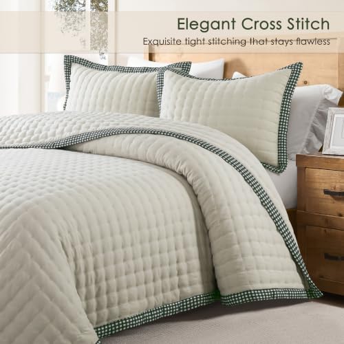 WDCOZY Wheat Cloud Quilt Set Queen Size, Lightweight Soft Cross Stitch Bedspread, Farmhouse Rustic Country Coverlet, Spring Summer Thin Comforter, 3 Pieces, 2 Pillow Shams, 90x90 inches - Image 2
