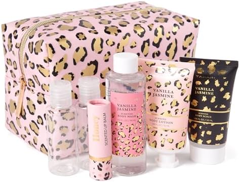 Tahari Vanilla Jasmine Spa Gift Set for Women – Luxurious Bath Kit with Body Lotion, Body Scrub, Body Wash & Lip Balm with Bag – Perfect Selfcare Gifts for Women (Leopard) - Image 6
