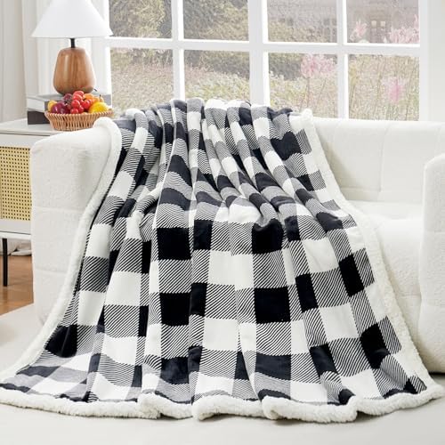 PU MEI Sherpa Fleece Throw Blanket 60" x 80" Reversible Plush Fluffy Large Big Blanket Lattice Flannel Blankets for All Season Use, Black and White by HOME