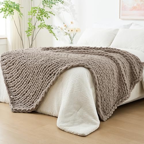 Bigacogo Chunky Knit Throw Blanket for Couch, 40x80 inches, Taupe by Bigacogo