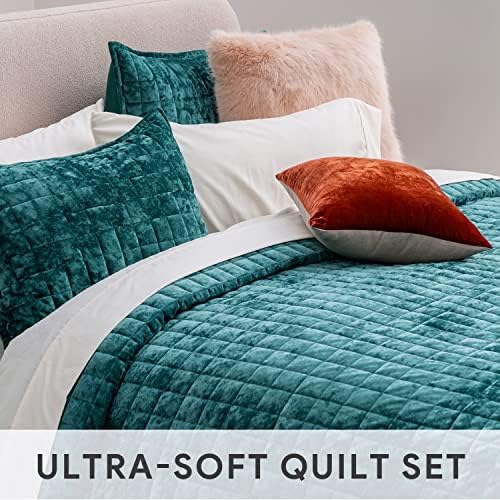 RECYCO Channel Box Stitch Velvet Quilt Set, Full Queen Size, Teal - Image 6
