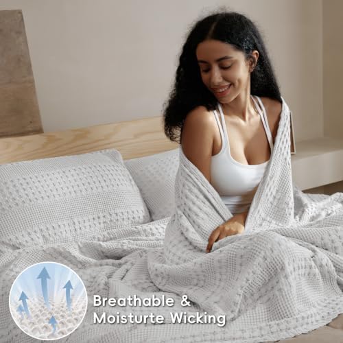 PHF Lightweight 100% Cotton Waffle Throw Blanket for Couch, Light Grey - Image 3