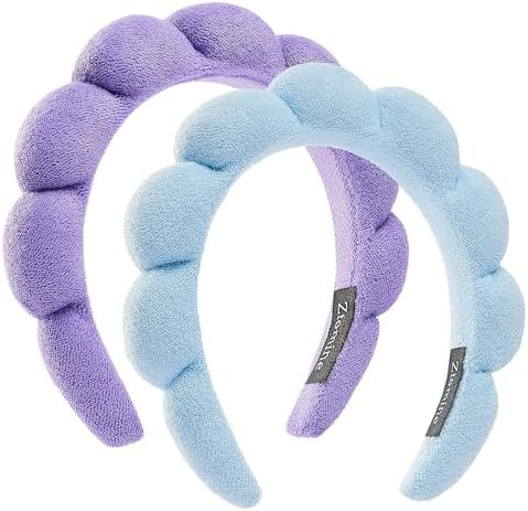Ztomine Hairband, Set of 2 - Thick Absorbent Terry Cloth Spa Headbands in Blue and Light Purple for Washing Face or Facial, Puffy Makeup Headbands for Face Washing, Mask Combo Pack by Ztomine