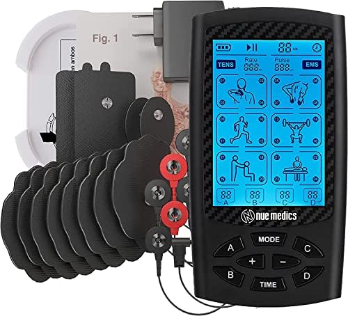 NueMedics Tens Unit with 4 Channel, EMS Muscle Stimulator for Pain Relief Therapy, 24 Massage Modes, Rechargeable, 12 Pads by NueMedics