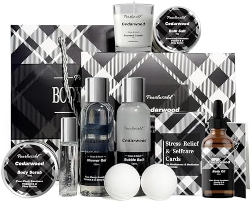 12Pcs Men's Spa Gift Set - Cedarwood Bath & Body Care Kit, Home Spa Set with Natural, Perfect Gifts for Men - Father's Day, Birthday, Valentine's & Christmas by PEARLWORLD