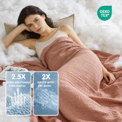 EMME Cotton Muslin King Blanket Bed Layering Breathable Gauze Blanket Soft Lightweight Blankets Adults (Orange Red, 108"x90") - Image 3