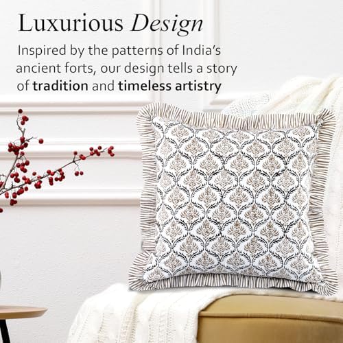 CPC Sandstone Regal Hand Block Print 100% Cotton Ruffle Throw Pillow Cover 20x20 inch with Hidden Zipper Decorative for Couch, Bed, Sofa, Farmhouse, Cottagecore Decor Gift Christmas Fall Thanksgiving - Image 7