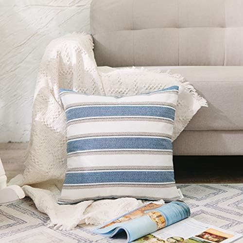 2 Pcs Stripe Pillow Case Faux Linen Square Decorative Throw Cushion Cover Pillowcase with Invisible Zipper for Bed 16" x 16" - Image 2