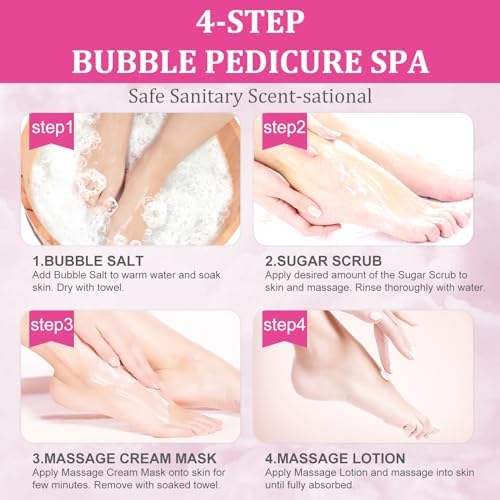 Pedicure Kit Foot Soak Set: Bubble Salt, Sugar Scrub, Massage Mask, Massage Lotion in a Box, 4 Step Foot Spa Kit for Dry Feet, Softens Calluses, Soothes Sore, Tired Feet（3 Set Rose - Image 7