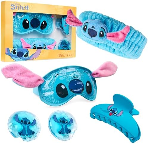Disney Stitch Beauty Accessories Set with Cooling Eye Mask Gel Eye Pads Fluffy Skincare Headband Hair Claw Clip Relaxing Beauty Gifts for Women (Blue) by Disney