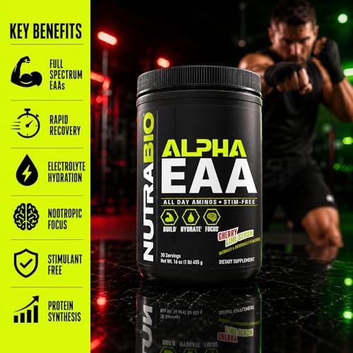 NutraBio Alpha EAA - All-Day Amino Acids for Muscle Growth and Hydration - Essential Amino Acids with Nootropics & Adaptogens- Full Spectrum EAA BCAA Powder - 30 Servings - Cherry Lime Slush - Image 5