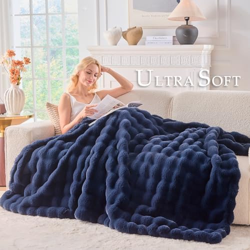 BENVWE Fluffy Faux Fur Throw Blanket for Couch, Soft Plush Thick Cozy Fuzzy Luxury Minky Bubble Blanket for Home Living Room Decor Gift for Women, Navy Blue, 63" x 80", 1100GSM - Image 3