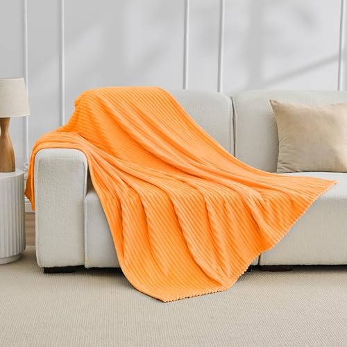 Bnuitland Fleece Throw Blanket for Couch, 300GSM Soft Warm Cozy Fluffy Throw for Adults & Kids, Stripe Pattern, All Season Sofa Bed Blanket for Home Decor, Light Orange 50"x60" - Image 3