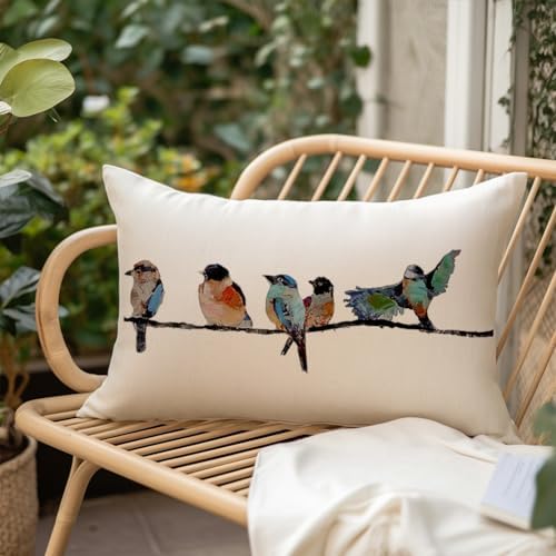 RABUSOFA 12x20 Lumbar Pillow Decorative Throw Pillows,Small Hand-Painted Outdoor Birds Pillowcases,Spring Summer Pillows Decorative Throw Cushion Covers Linen for Couch Sofa Teal Blue - Image 5
