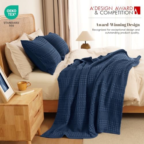 PHF Lightweight 100% Cotton Waffle Throw Blanket for Couch, Blue Sapphire - Image 5