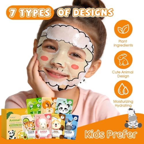 KONEUK 7 Pack Animal Hydrating Face Mask for Kids, Bulk Face Masks Skincare - Image 4