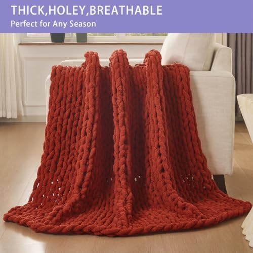 Bigacogo Chunky Knit Throw Blanket for Couch, 40x60 inches, Rust Red - Image 4