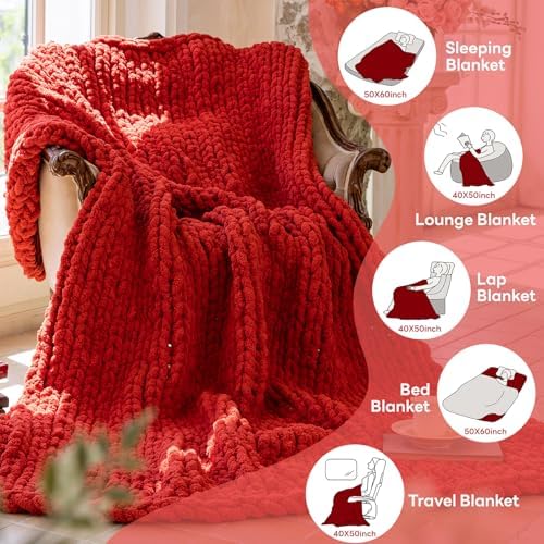 Chunky Knit Throw Blanket for Couch，50x60 Inches Wine red - Image 6