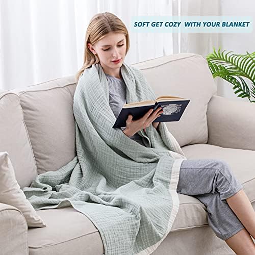 SE SOFTEXLY Muslin Throw Blanket, 4-Layer Dyed Yarn, 90”x102”, Sage Green - Image 4