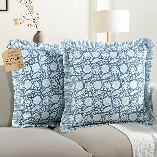 CPC Blue Meadow Hand Block Print 100% Cotton Ruffle Throw Pillow Cover 18x18 inch with Hidden Zipper Decorative for Couch, Bed, Sofa, Farmhouse, Cottagecore Decor Gift Christmas Fall Thanksgiving - Image 5