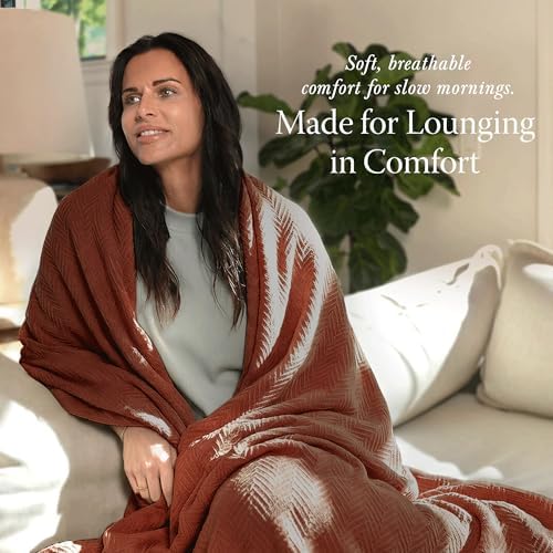 Threadmill Luxury 100% Cotton Queen Herringbone Blanket, Paprika - Image 3