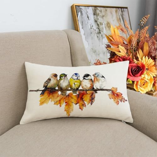 RABUSOFA Fall Pillow Covers 12x20 Inch Bird Autumn Decorations for Home Outdoor Thanksgiving Decor Maple Leaf Decorative Lumbar Throw Pillow Cases Farmhouse for Couch Sofa - Image 2