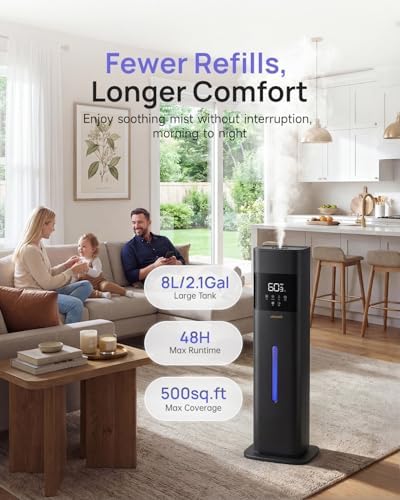 Humidifier Large Room, 2.1Gal/8L Cool Mist Humidifiers for Bedroom 500 sq ft, Humidifiers for Home with Essential Oil Diffuser, Top Fill Quiet Humidifier for Baby Nursery Office Plants, Black - Image 2
