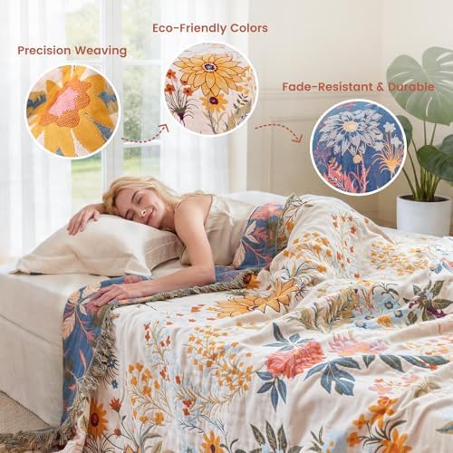 MSGKV Boho Throw Blanket 60"x80" Cotton Floral Twin Blanket for Couch Bed - Image 3