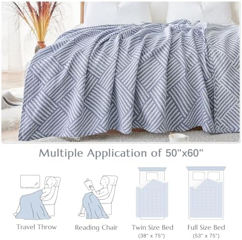 jinchan 100% Cotton Muslin Blanket Twin Boho Throw Blanket 50x60 Dusty Blue - Image 5