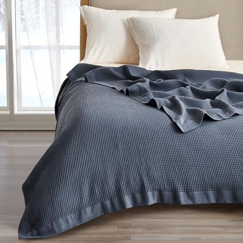 Great Bay Home 100% Cotton Blanket for King Size Bed | Lightweight and Breathable Waffle Weave Blankets for Summer & Spring | Versatile, Layering Navy Bed Blanket, Ocean Blue, 102x90 inches by GreatBayHome