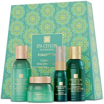 Spa Ceylon ForestVeda Calming Discovery Set - 4-Piece Ayurveda Bath & Body Gift Set with Plant Botanicals, Eucalyptus, Cedarwood & Moringa - Body Cleanser, Body Elixir, Body Cream & Pillow Mist by SPACEYLON