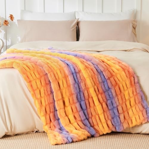 Touchat Ruched Rabbit Faux Fur Throw Blanket,Fluffy Soft Cozy, Colourful - Image 3