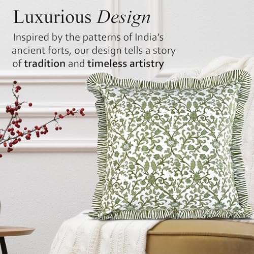 CPC Meadow Vine Hand Block Print 100% Cotton Ruffle Throw Pillow Cover 24x24 inch with Hidden Zipper Decorative for Couch, Bed, Sofa, Farmhouse, Cottagecore Decor Gift Christmas Fall Thanksgiving - Image 4