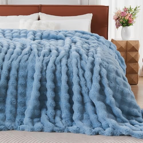 Lotus Karen Faux Fur Throw Blanket Sky Blue - Big Bubble Rabbit Fluff Blanket for Couch Bed Sofa,Softest Fluffy Fuzzy Cozy Blanket,Thick Furry Plush Shaggy Warm Blankets for Women,108x90 Inches by LotusKaren