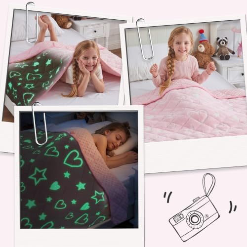 yescool Pink Glow in the Dark Blanket 10 Pounds, 48 * 72in Heart Star Blanket for Girls, Minky Weighted Blankets Gifts - Image 5
