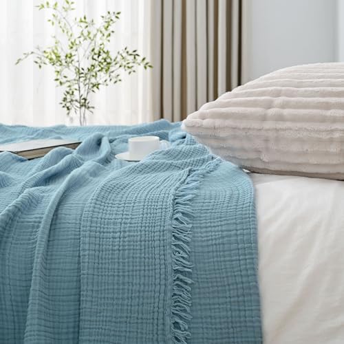 Esterra Muslin Throw Blanket 50x65 Inches Cozy Soft Lightweight Pre-Washed Cotton Blanket, All Season Breathable 4-Layer Gauze Blanket Throw for Sofa Couch Bed, Sky Blue - Image 5