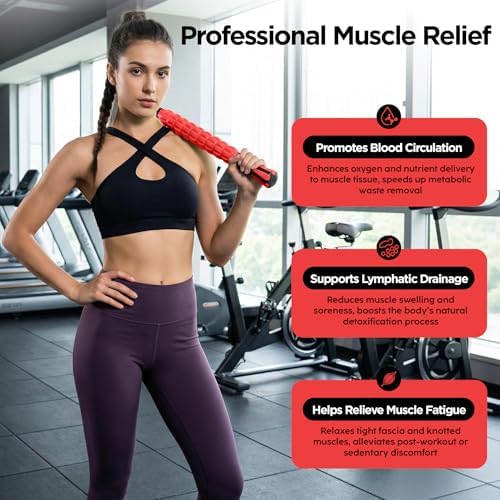 Muscle Roller & Massage Roller Stick for Athletes - Lymphatic Drainage Support, Relieves Muscle Soreness, Cramping & Tightness - Targets Legs, Arms, Back & Calves （Red Wheel） - Image 6