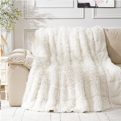Cottonblue Weighted Blanket 15lbs, Sherpa Faux Fur Reversible Luxury Snugly Long Fur Warm Heavy Blanket 60x80 inches,Super Soft Fuzzy Fleece Blanket for Better Sleep, Cream White by Cottonblue