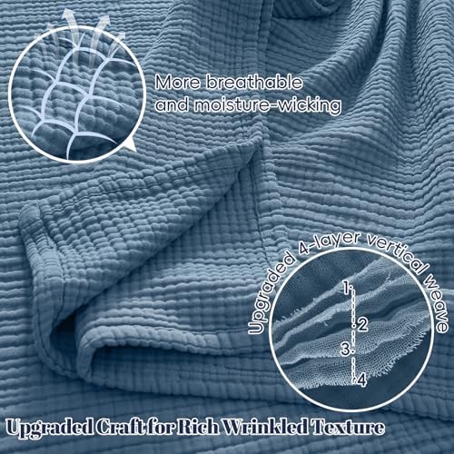 PHF 100% Cotton Muslin Blanket Queen Size 90"x90", 4-Layer Lightweight Gauze Throw, Breathable Cloud-Soft Minimalist Blanket for Bed, Couch, Camping & Baby, Denim Blue, Ideal Gift - Image 3