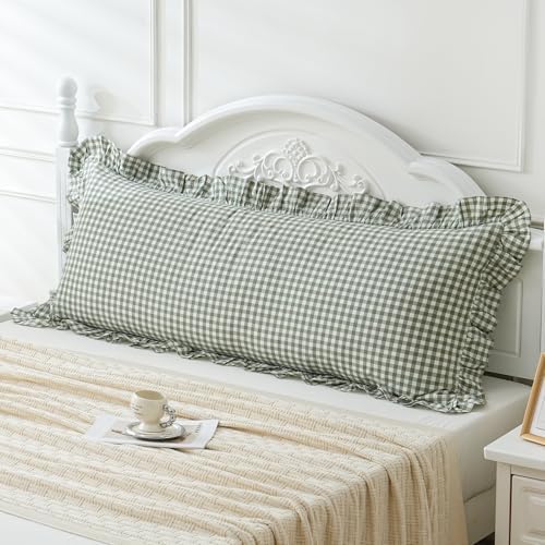 20x54 inches Green/White Plaid Ruffled Body Pillow Sham 1 Piece by Qilunn