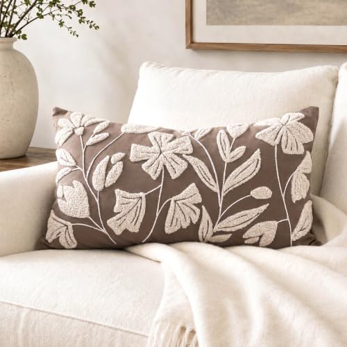 BlissBlush Decorative Lumbar Pillow Cover 12x20 Inch, Taupe Brown Floral Tufted Velvet Accent Pillow Case for Sofa Bed Living Room, Cover Only by BlissBlush