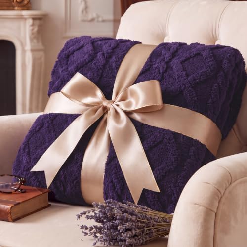 Bedsure Sherpa Fleece Blanket, Cable Jacquard Tufted, Warm, Purple, Twin - Image 5