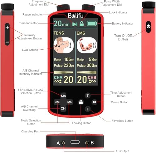 TENS EMS Unit Muscle Stimulator for Pain Relief Therapy - 4 in 1 TENS EMS Relax Custom Frequency+Pulse - Muscle Massager 36 Modes 20 Intensity, Memory & Favorites Function, 3.8" Color Display - Red - Image 4