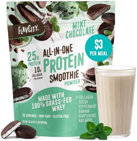 FlavCity All in One Protein Shake Powder, Mint Chocolate - On the Go Meal Alternative + Collagen Peptides, Reishi & Cordyceps - Focus, Skin, Hair & Joint Support - 100% Grass Fed Whey, 20 Servings by FlavCity