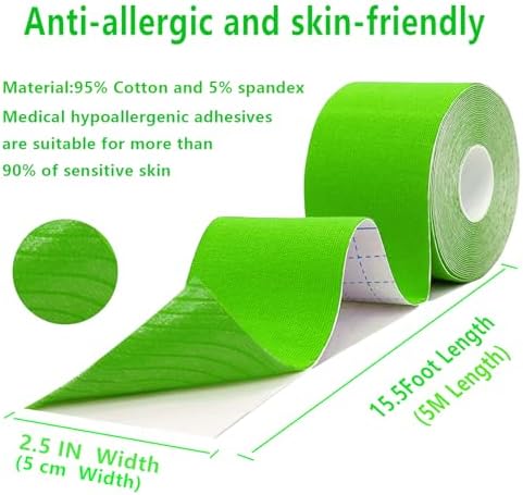 SOON GO Kinesiology Tape Pro 5 Rolls, 2 Inch High Elasticity Sports Tape Therapeutic Pain Relief–Physio Tape for Muscle Recovery & Joint Support, Waterproof & Hypoallergenic & Breathable–Green - Image 2